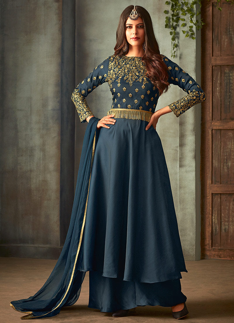 Buy Indian Blue Golden Embroidered Palazzo Pant Suit for Women Online ...