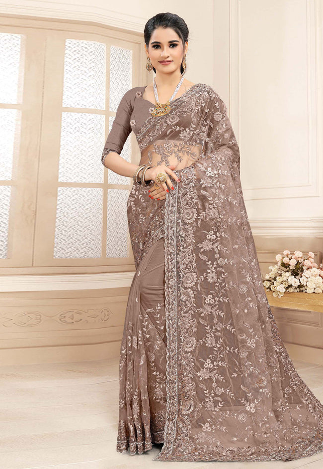 Brown Embroidered Party Wear Saree