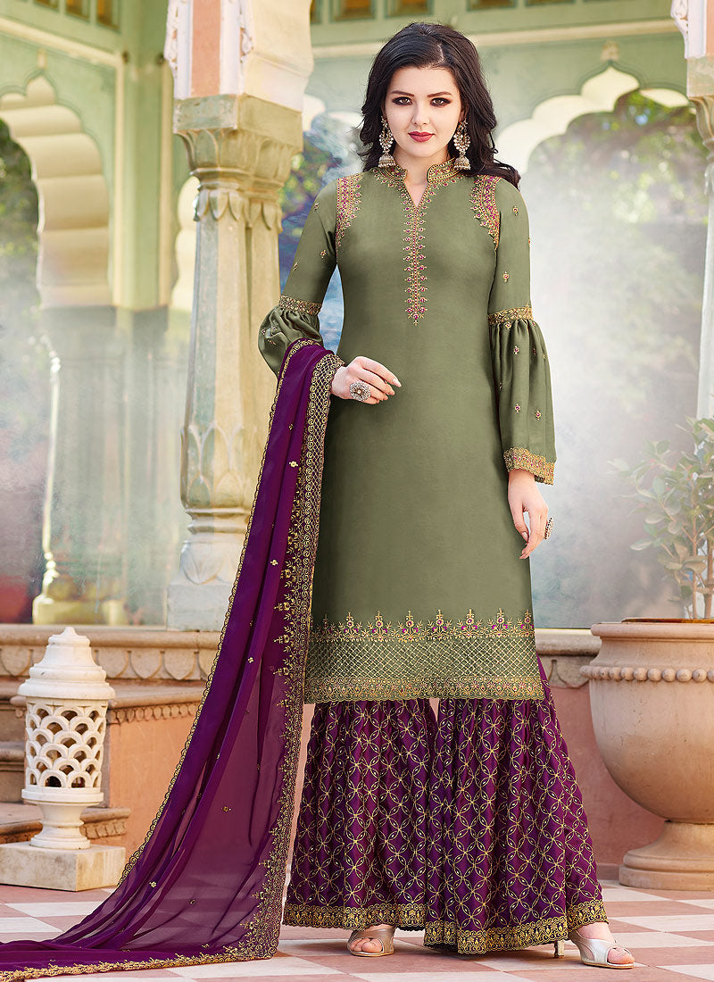 Green And Magenta Embroidered Gharara Suit