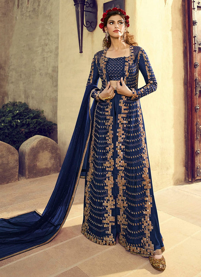 Indian Clothes - Navy Blue Indo-Western Overcoat Style Palazzo Suit