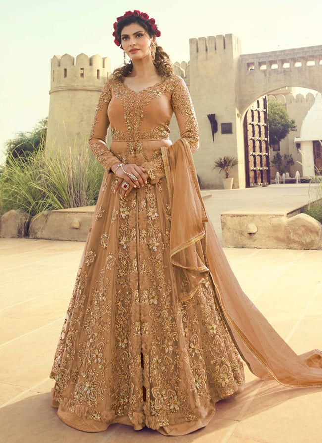 Indian Clothes - Peach Golden Embroidered Slit Anarkali Lehenga Suit