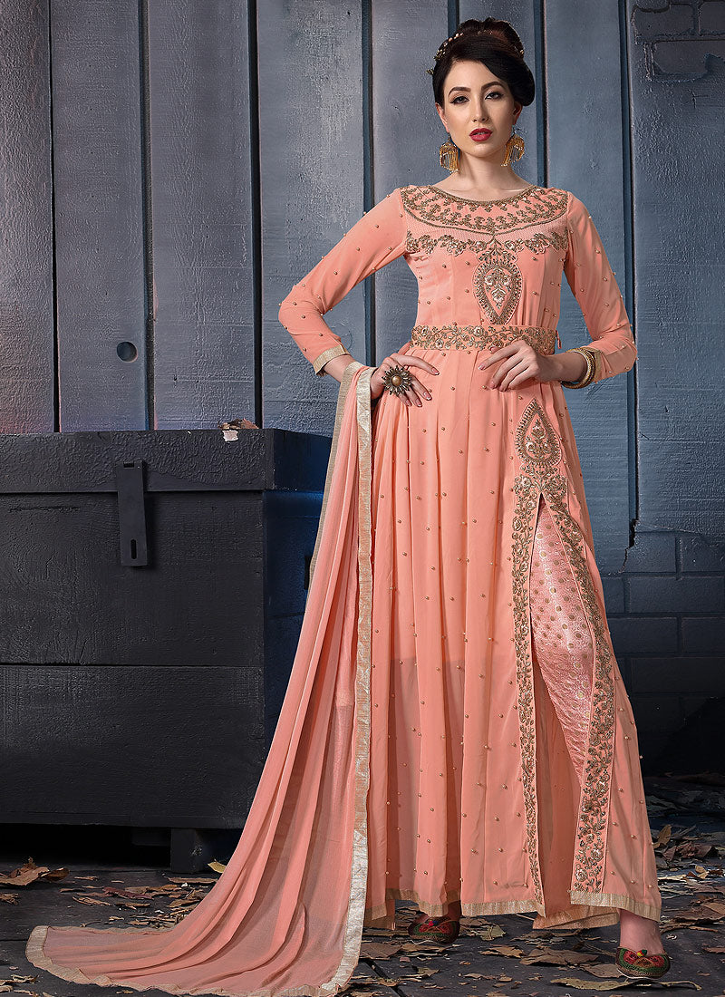 Peach Embroidered Slit Style Anarkali Pants Suit 