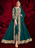 Turquoise Golden Embroidered Slit Style Anarkali Pant Suit