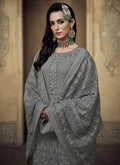 Indian Clothes - Grey Allover Embroidered Designer Sharara Suit 