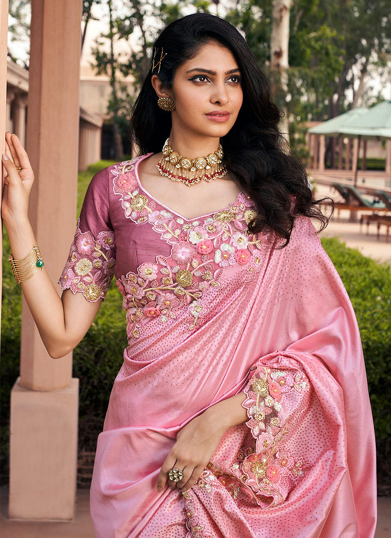 Pink Ornamental Blouse with Pink Silk Saree | Saree hairstyles, Wedding  saree blouse designs, Indian bridal hairstyles