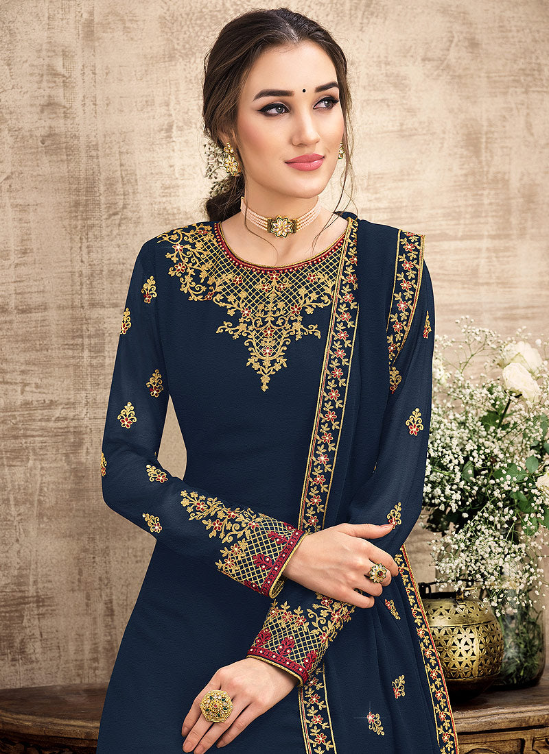 Buy Navy Blue Traditional Embroidered Pant Style Suit In Uk Online