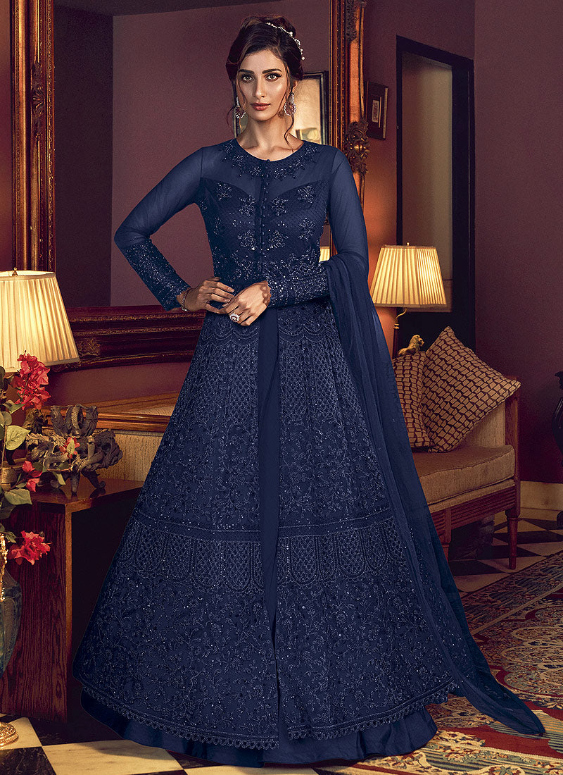 Navy Blue Motif Embroidered Jacket Style Anarkali Pant