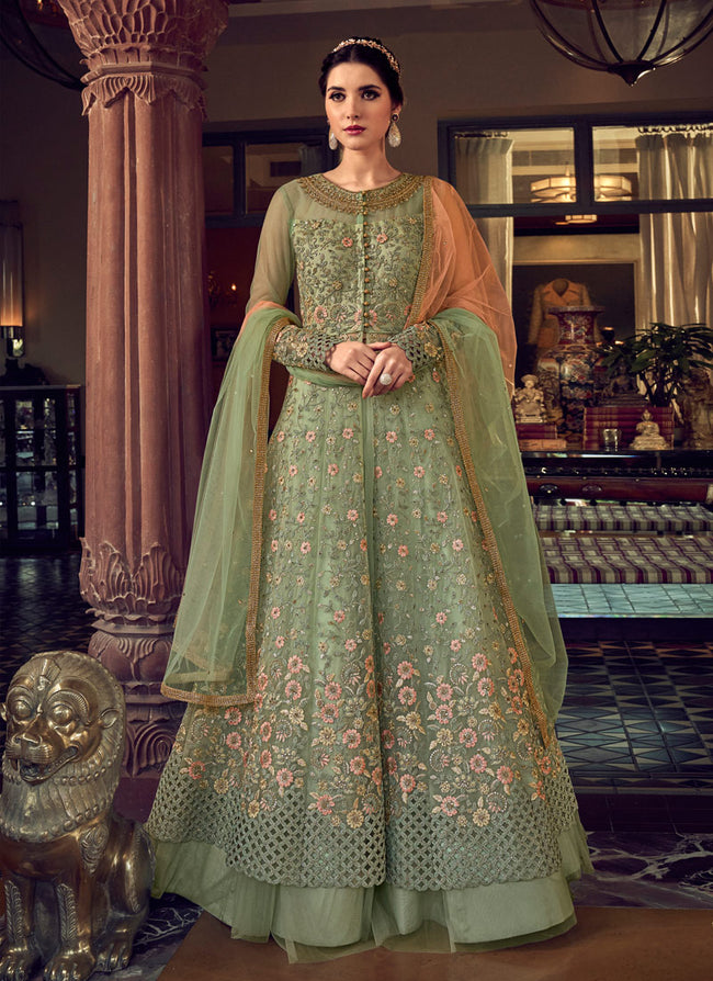 Buy Light Green Embroidered Anarkali Lehenga/Pant Suit In USA, UK ...