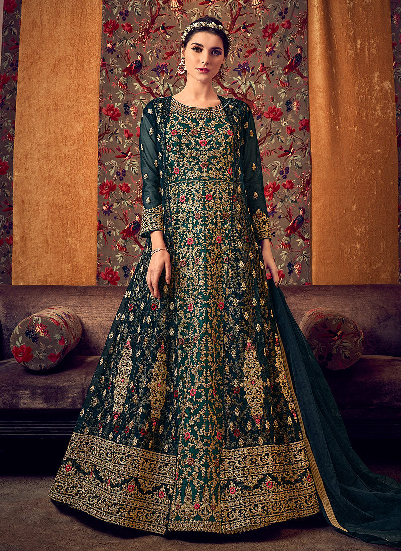 Buy Deep Green Multi Embroidered Anarkali Pant Suit In USA, UK, Canada ...