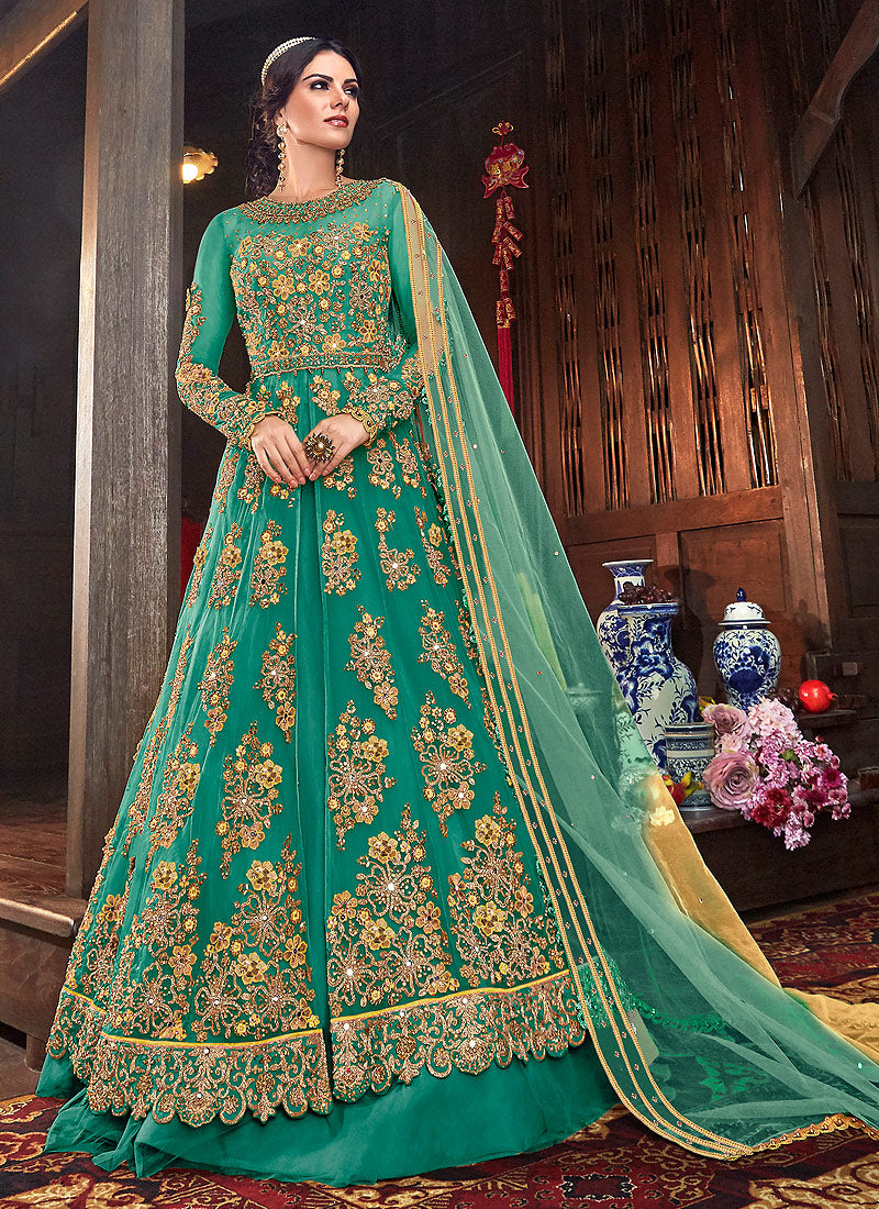 Rama Green Floral Anarkali Style Lehenga/Pant Suit