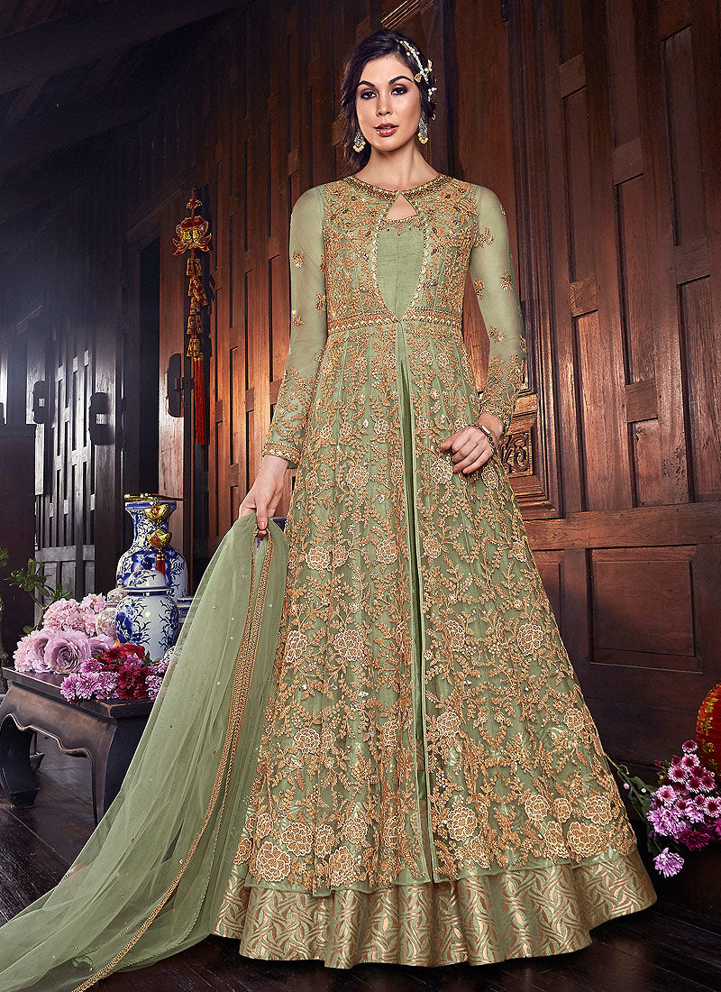 Green And Golden Zari Embroidered Anarkali Suit