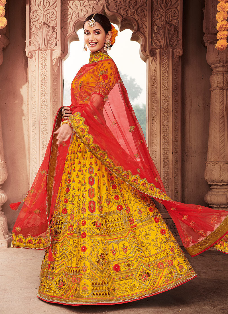 Buy Yellow And Red Zari Embroidered Wedding Lehenga Choli In Usa Uk