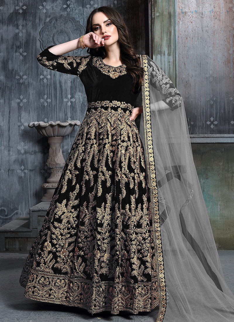 Black And Grey Embroidered Indian Anarkali Suit