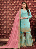 Blue And Pink Golden Georgette Gharara Suit