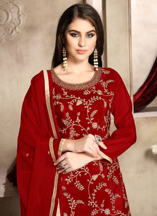 Red And Golden Zari Embroidered Palazzo Suit