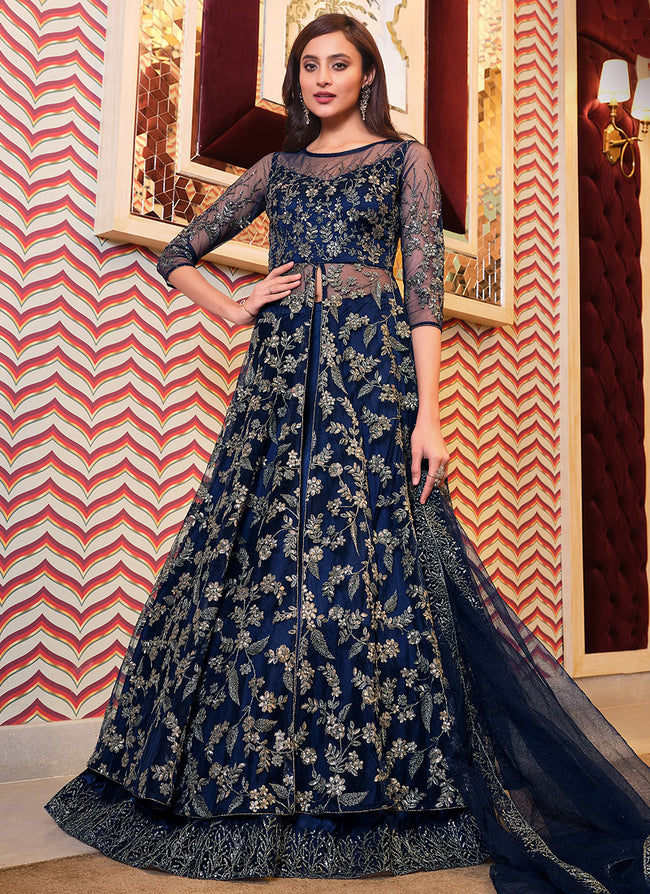 Plus Size Stitched Rayon Gota Patti Work Anarkali Suit In Navy Blue Colour