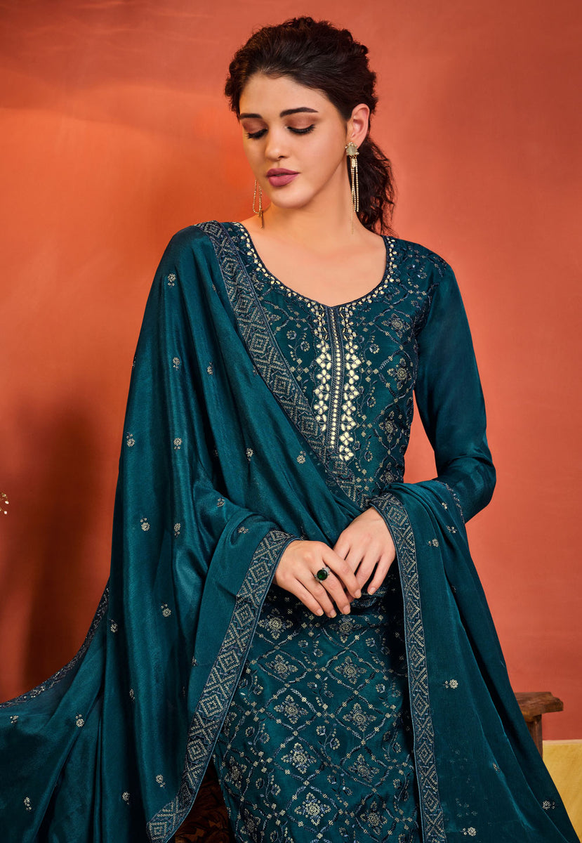 Buy Turquoise Embroidered Pakistani Palazzo Suit In USA, UK, Canada ...