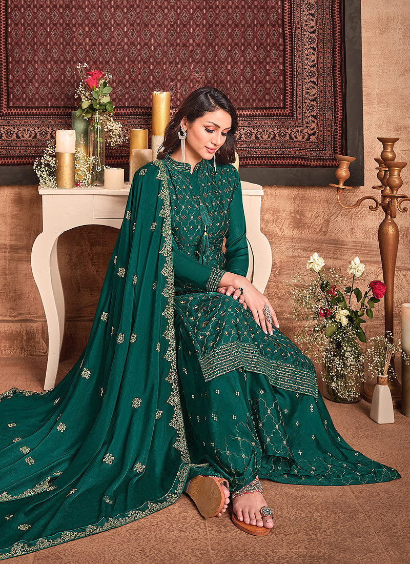 Buy Dark Green Sequence Embroidered Gharara Suit In USA, UK, Canada ...