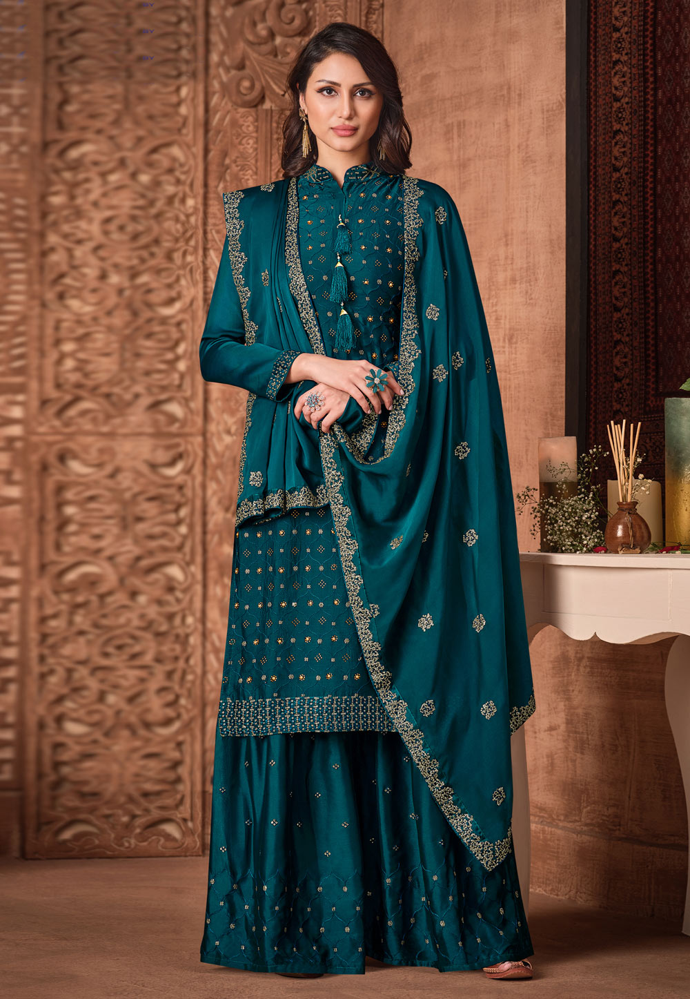 Buy Turquoise Sequence Embroidered Gharara Suit In USA, UK, Canada ...