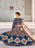 Indian Clothes - Blue And Beige Patola Print Cotton Silk Anarkali Suit