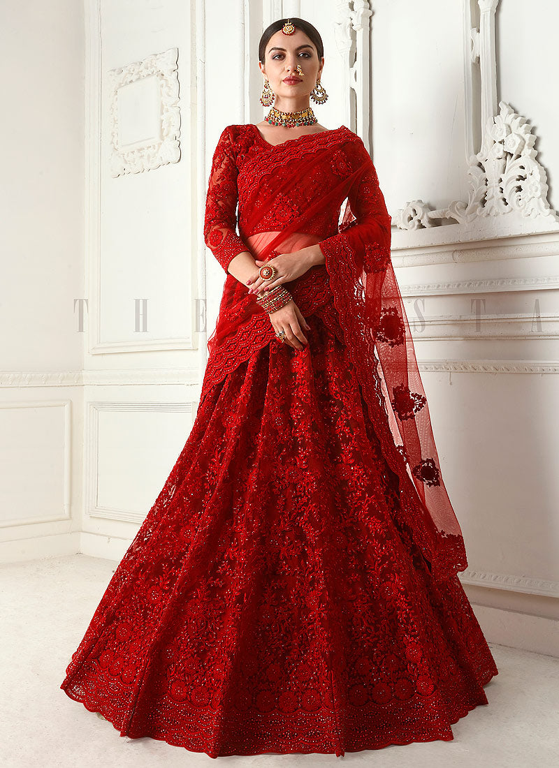 Red Bridal Pearl Embroidered Wedding Lehenga Choli