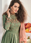 Green And Peach Traditional Embroidered Anarkali Suit, Salwar Kameez