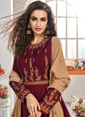 Maroon And Brown Traditional Embroidered Anarkali Suit, Salwar Kameez