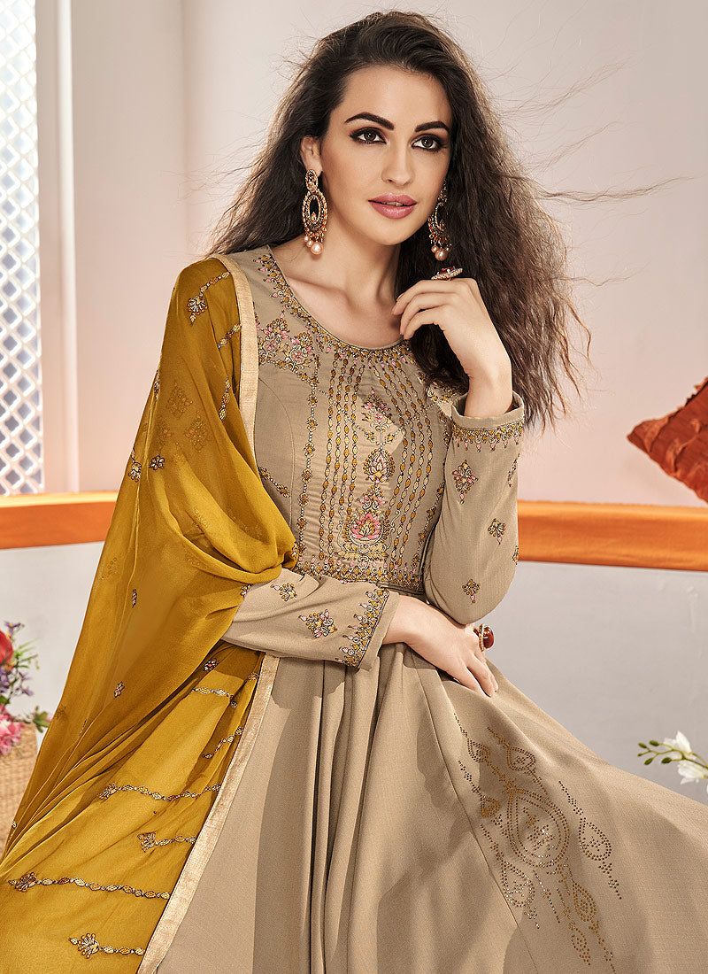 Buy Indian Beige And Yellow Traditional Embroidered Anarkali Suit for ...