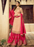 Indian Clothes - Peach And Pink Embroidered Designer Sharara Suit