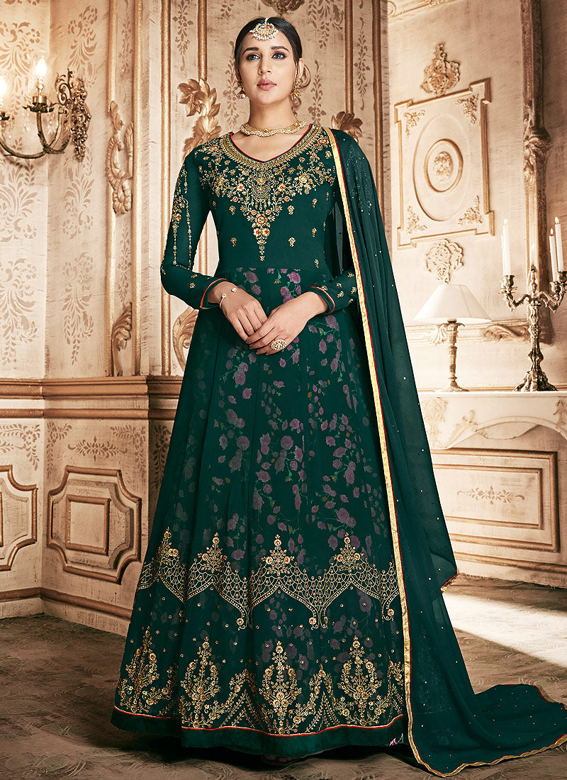 Green Floral Embroidered Traditional Anarkali Suit