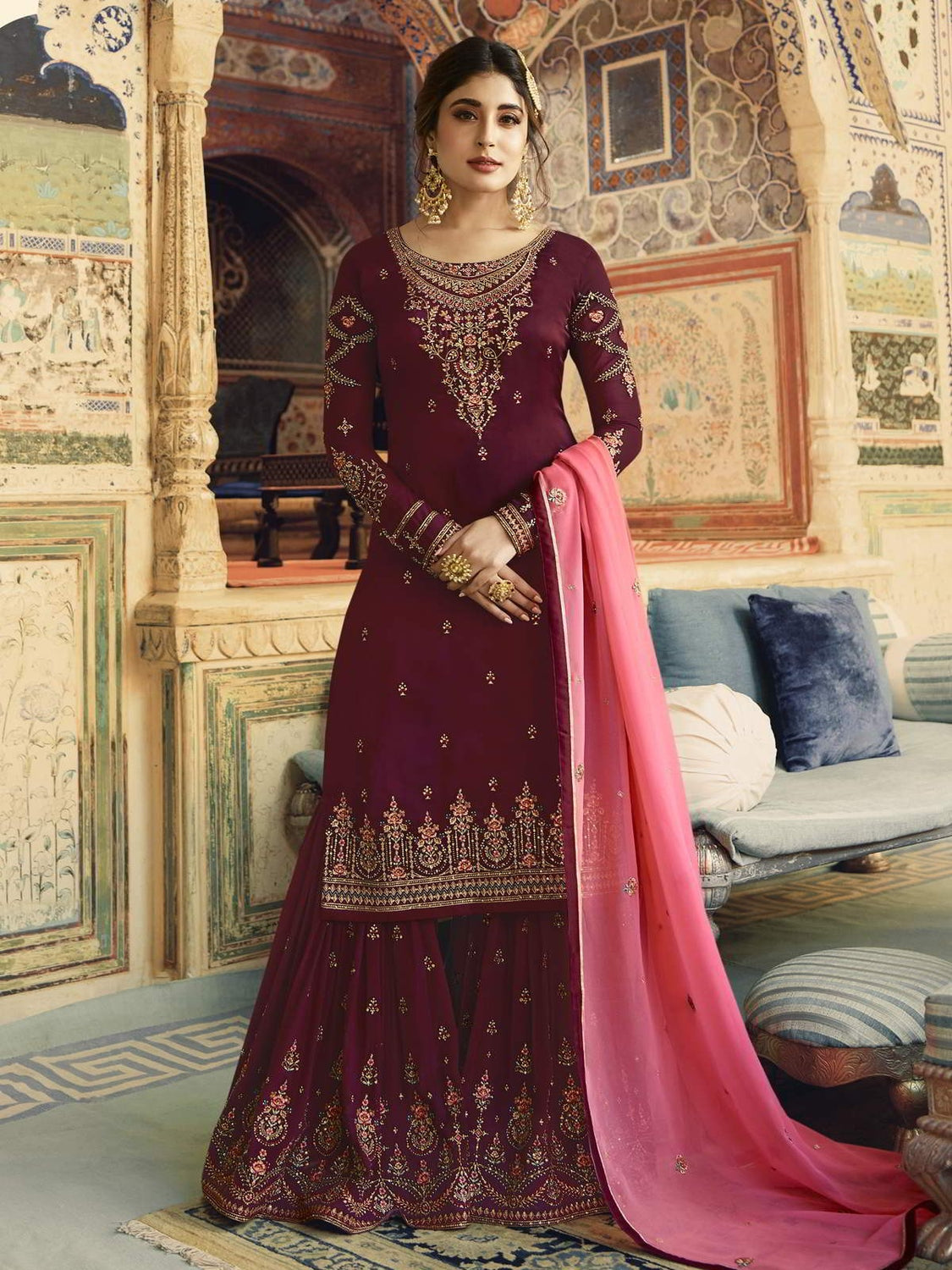 Maroon And Pink Ethnic Embroidered Sharara Suit - Hatkay
