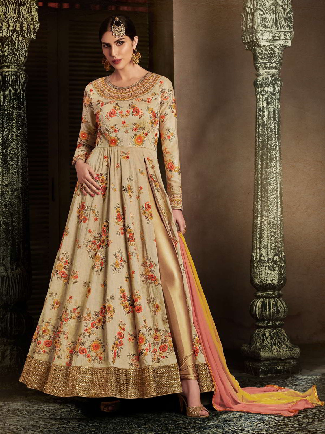 Buy Beige Flower Embroidered Anarkali Suit In USA, UK, Canada ...