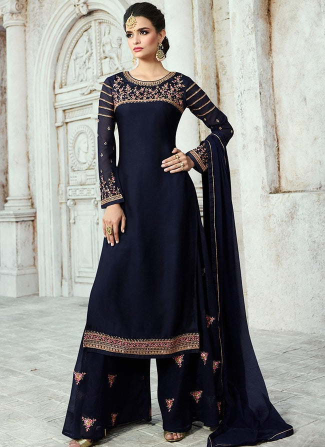 Navy Blue Embroidered Georgette Palazzo Suit - Hatkay