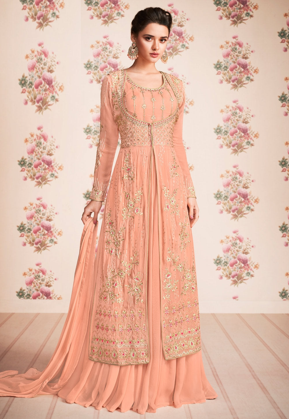 Buy Admiring Light Color Net Fabric Jacket with Georgette Embroidered Long  Anarkali Suit with Net Dupatta | Fashion Clothing