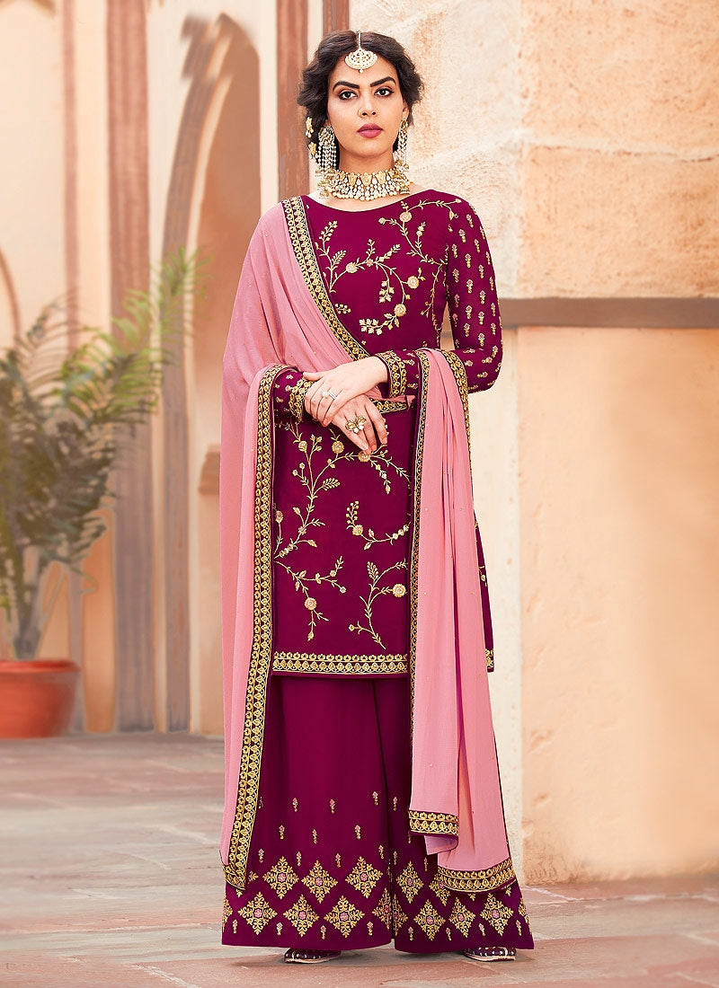 Pink Two Tone Embroidered Palazzo Suit - Hatkay