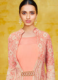 Peach Chikankari Embroidered Jacket Style Anarkali Suit, Salwar Kameez