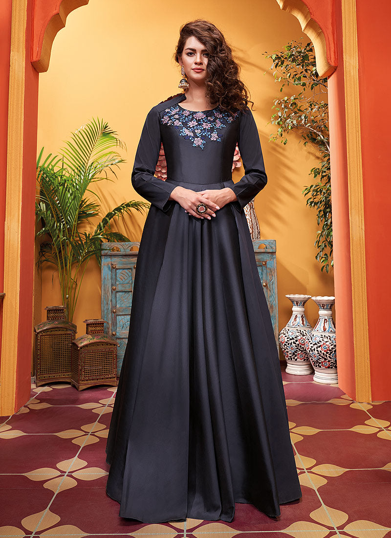 Buy Navy Blue Designer Silk Gown In Usa, Uk, Canada, Australia 