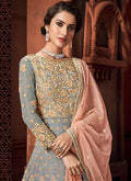 Grey And Peach Zari Embroidered Anarkali Suit, Salwar Kameez