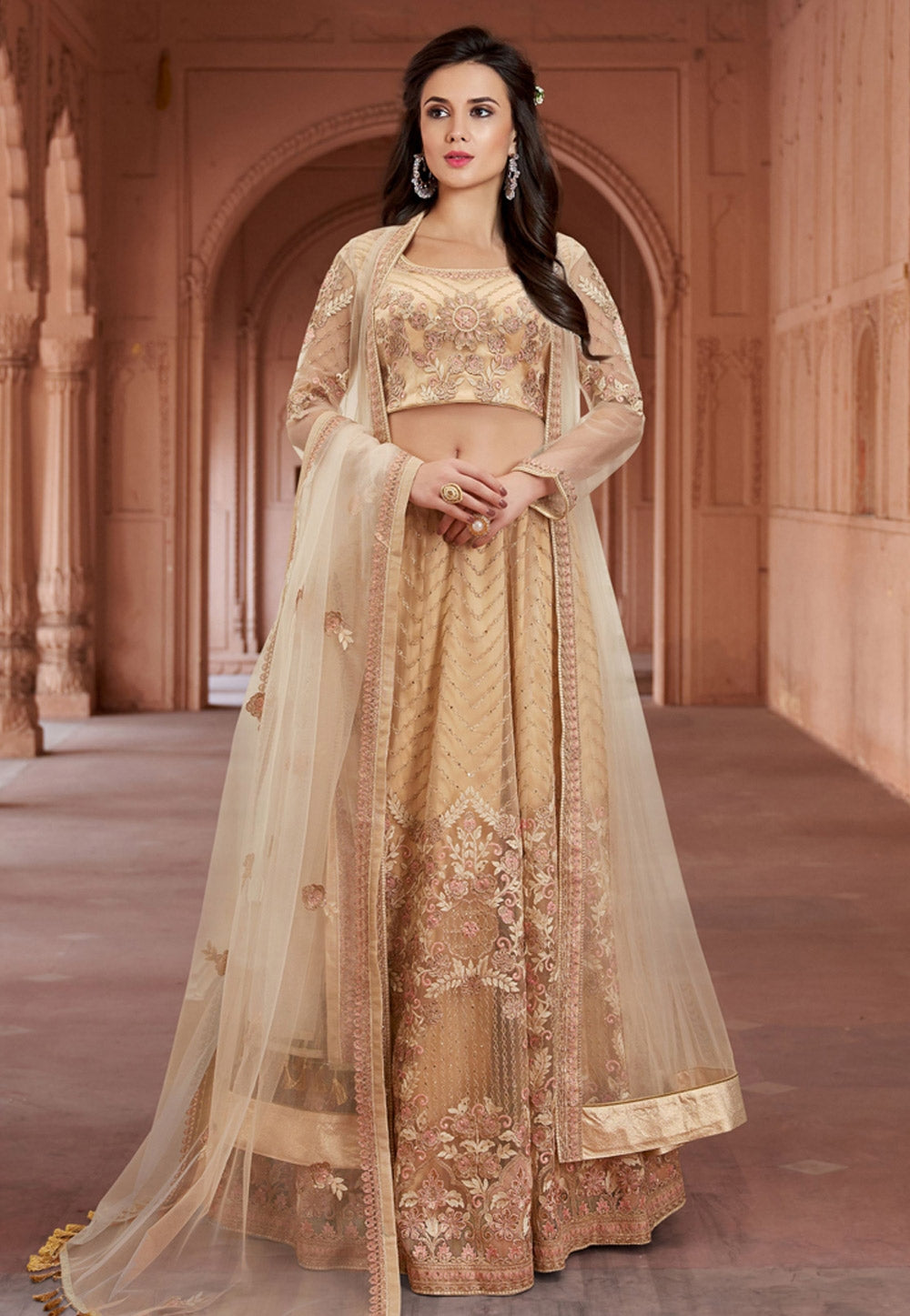 Yellow Golden Embroidered Net Lehenga Choli Set Hatkay 8749